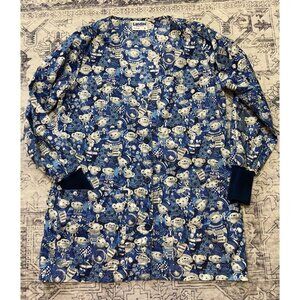 Landau Womens Teddy Bear Print Scrub Jacket Small Button Front Blue Christmas